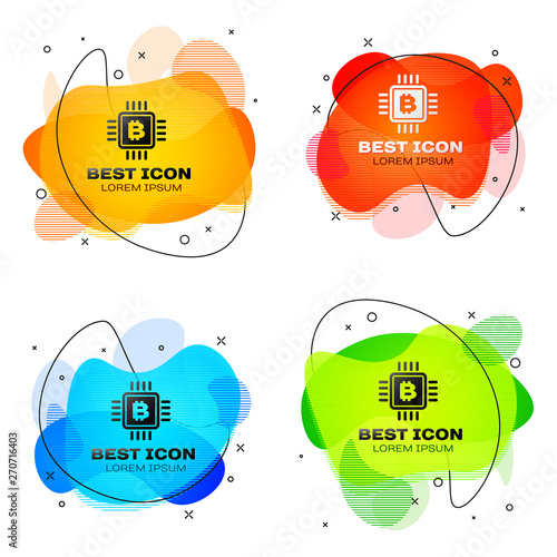 Black CPU mining farm icon isolated. Bitcoin sign inside microchip. Cryptocurrency mining community. Digital money. Set of liquid color abstract geometric shapes. Vector Illustration