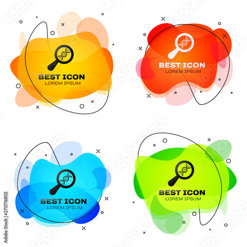 Black DNA research, search icon isolated. Magnifying glass and dna chain. Genetic engineering, cloning, paternity testing. Set of liquid color abstract geometric shapes. Vector Illustration