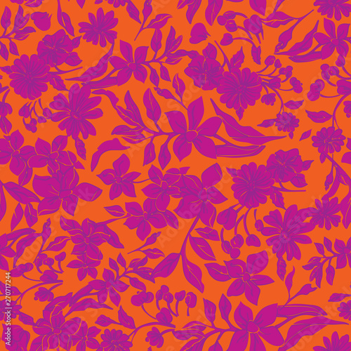 Seamless repeat pattern. Vector illustration of pink, orange and purple leaves, flowers, tulips and petunias.