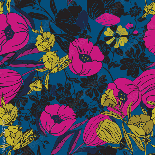 Vertical border bright floral vector illustration Transparent layers bright pink, yellow and indigo poppy flowers seamless repeat pattern. Ideal for cheerful stylish wallpaper, scrapbooking, fashion