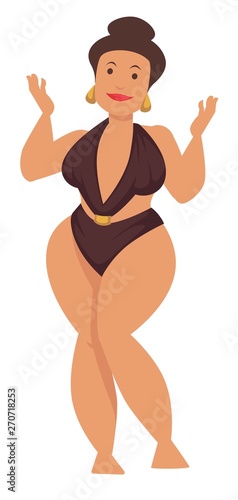 Plump woman or plus size model in swimsuit and gold earrings