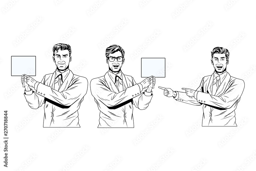 Pop art businessmen presentation black and white Pop art businessmen presentation black and white