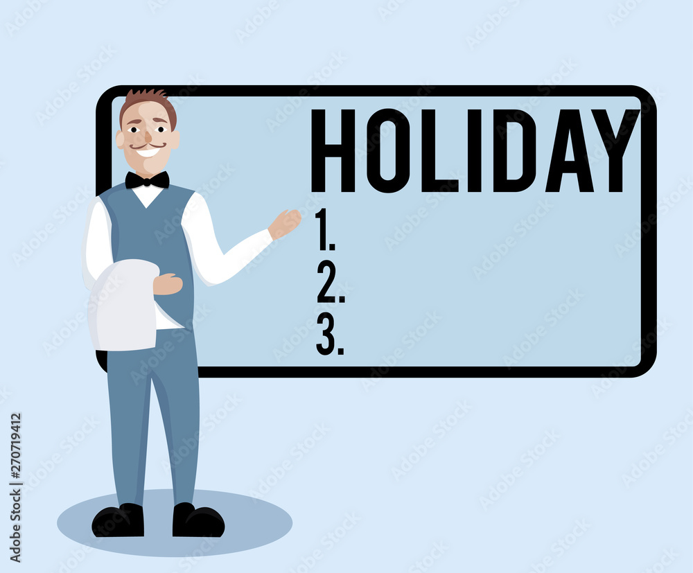Conceptual hand writing showing Holiday. Business photo text Extended period of leisure recreation Vacation Celebration days. Conceptual hand writing showing Holiday. Business photo text Extended period of leisure recreation Vacation Celebration days.