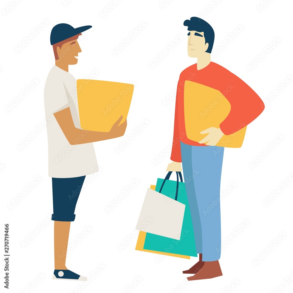 Shopping man with box or parcel and guy with bags or packs Shopping man with box or parcel and guy with bags or packs
