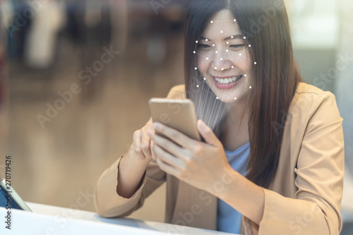 Asian Women Using The Technology Tablet For Access Control By Face Recognition In Private Identification Step When Online Shopping With The Credit Card Credit Card Mockup Online Payment Concept Stock Photo
