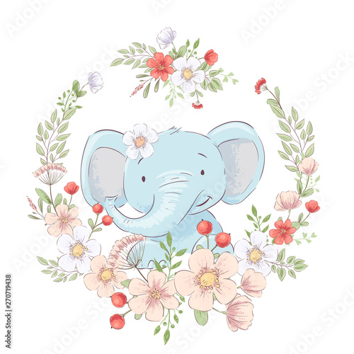 Postcard poster cute little elephant in a wreath of flowers. Hand drawing. Vector