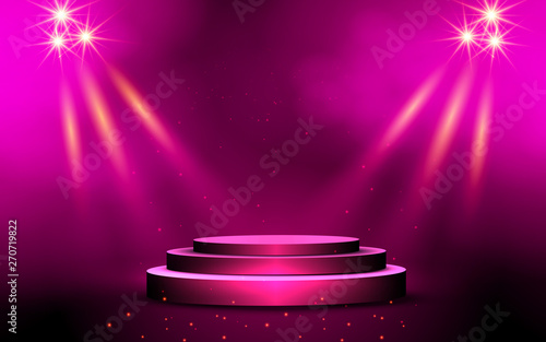 pink podium and spotlight with smoke in the studio room