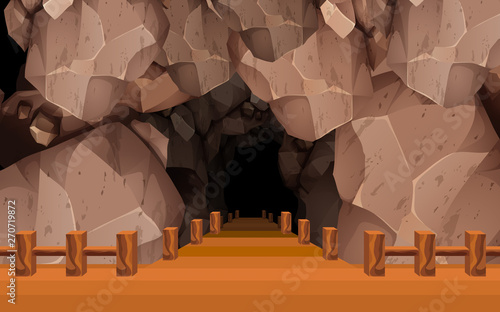 landscape of wooden walkway at front of the cave