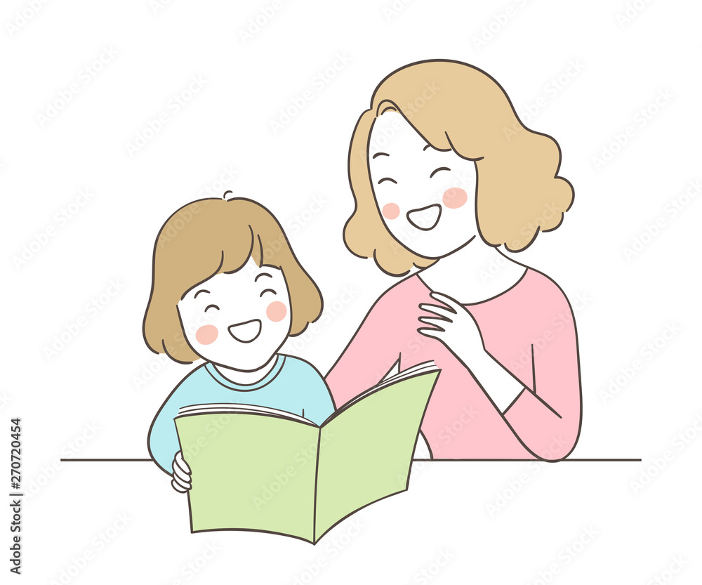 Draw girl and mother reading book so funny. Stock Vector | Adobe Stock
