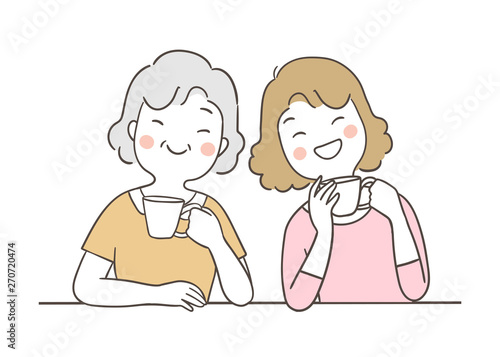 Draw mother and grandmother drinking tea.