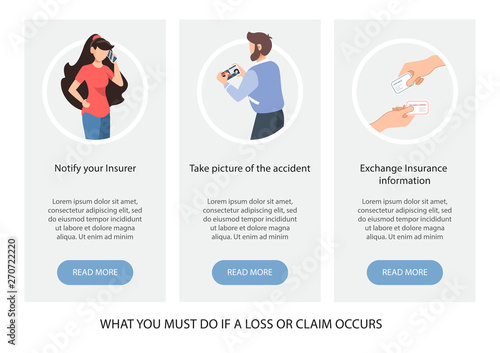 Vector flyers or brochures with instruction what insured must do if a loss or claim occurs. Motor insurance. Banners for your web design.