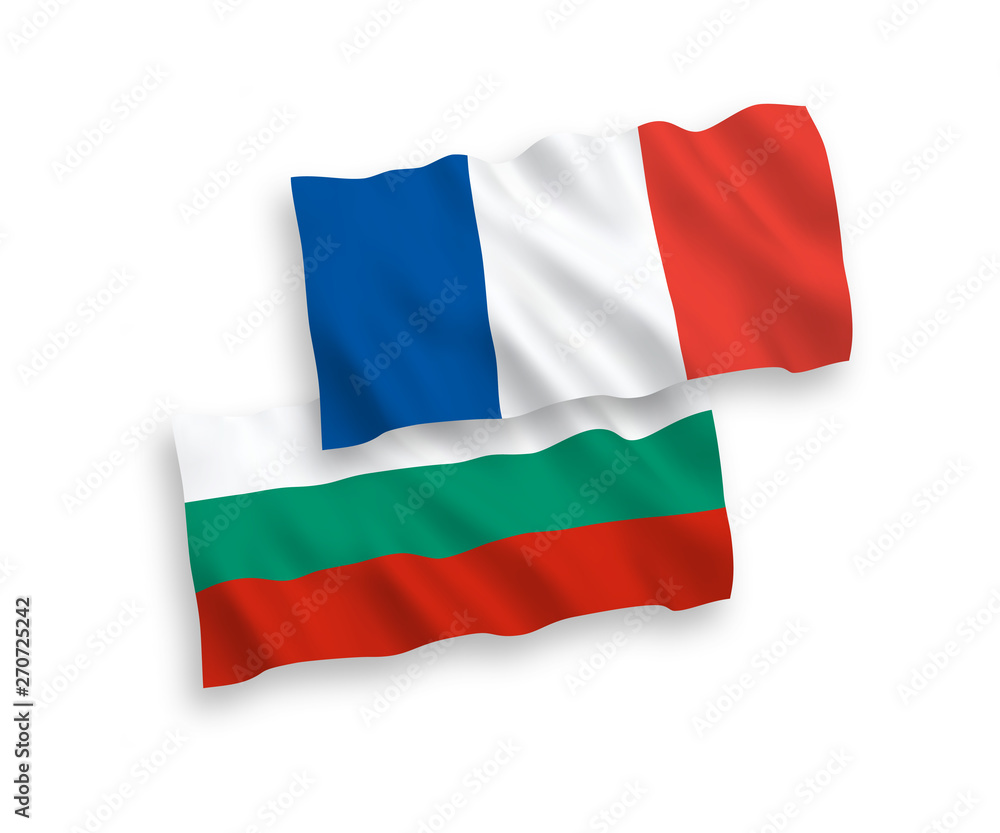National vector fabric wave flags of France and Bulgaria isolated on white background. 1 to 2 proportion. National vector fabric wave flags of France and Bulgaria isolated on white background. 1 to 2 proportion.