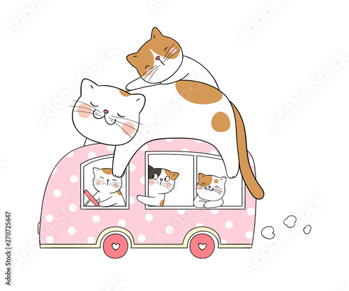 Draw cute cat sleep on pink van.