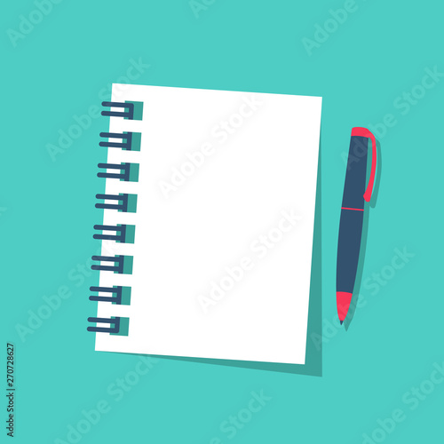 Notebook and pen isolated on background. Vector illustration flat style. Page notepad white paper. Template for text for web design or advertising. Diary for writings. photo