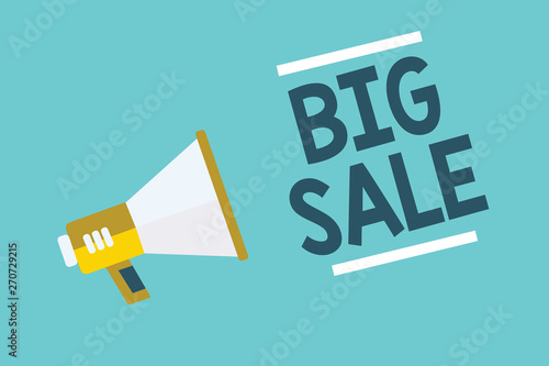 Writing note showing Big Sale. Business photo showcasing putting products on high discount Great price Black Friday Megaphone loudspeaker blue background important message speaking loud © Artur