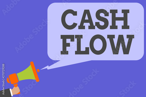 Writing note showing Cash Flow. Business photo showcasing Movement of the money in and out affecting the liquidity Man hold Megaphone loudspeaker computer screen talking speech bubble photo