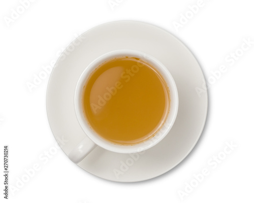 Cup of ginger tea isolated on white background top view. with clipping path.