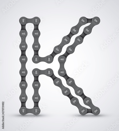 Vector letter K created from realistic bike chain. Alphabet symbol. Isolated on white background. 