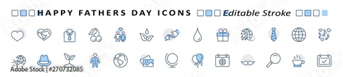 Banner Father's Day Set Line Vector Icon. Cover Contains such Icons as Father, Family, Mustache, Dad, Tie, Shirt, Handshake, Hat, Coffee, Purse, Gift, Portfolio, Love and more. Editable Stroke