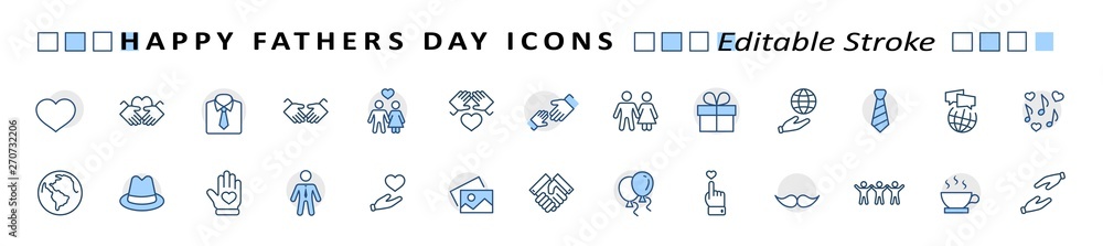 Banner Father's Day Set Line Vector Icon. Cover Contains such Icons as Father, Family, Mustache, Dad, Tie, Shirt, Handshake, Hat, Coffee, Purse, Gift, Portfolio, Love and more. Editable Stroke