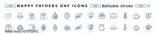 Banner Father's Day Set Line Vector Icon. Cover Contains such Icons as Father, Family, Mustache, Dad, Tie, Shirt, Handshake, Hat, Coffee, Purse, Gift, Portfolio, Love and more. Editable Stroke