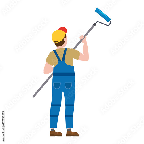 Painter proffessional character man at work. Male painter in uniform applying paint to wall
