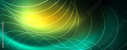Shiny neon lines template - northern lights glowing blur lines. Futuristic style glow neon 80s disco club or night party techno template