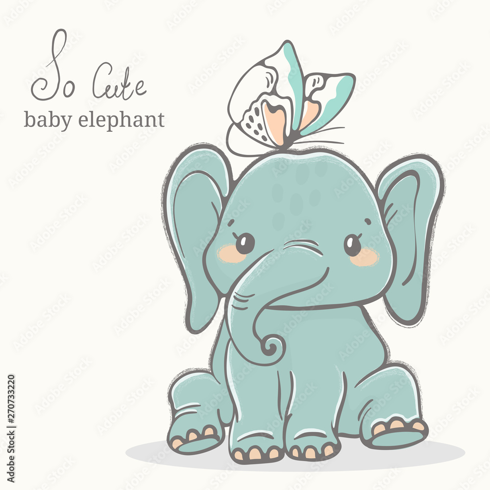 Obraz premium Baby elephant with butterfly illustration, cute animal drawings