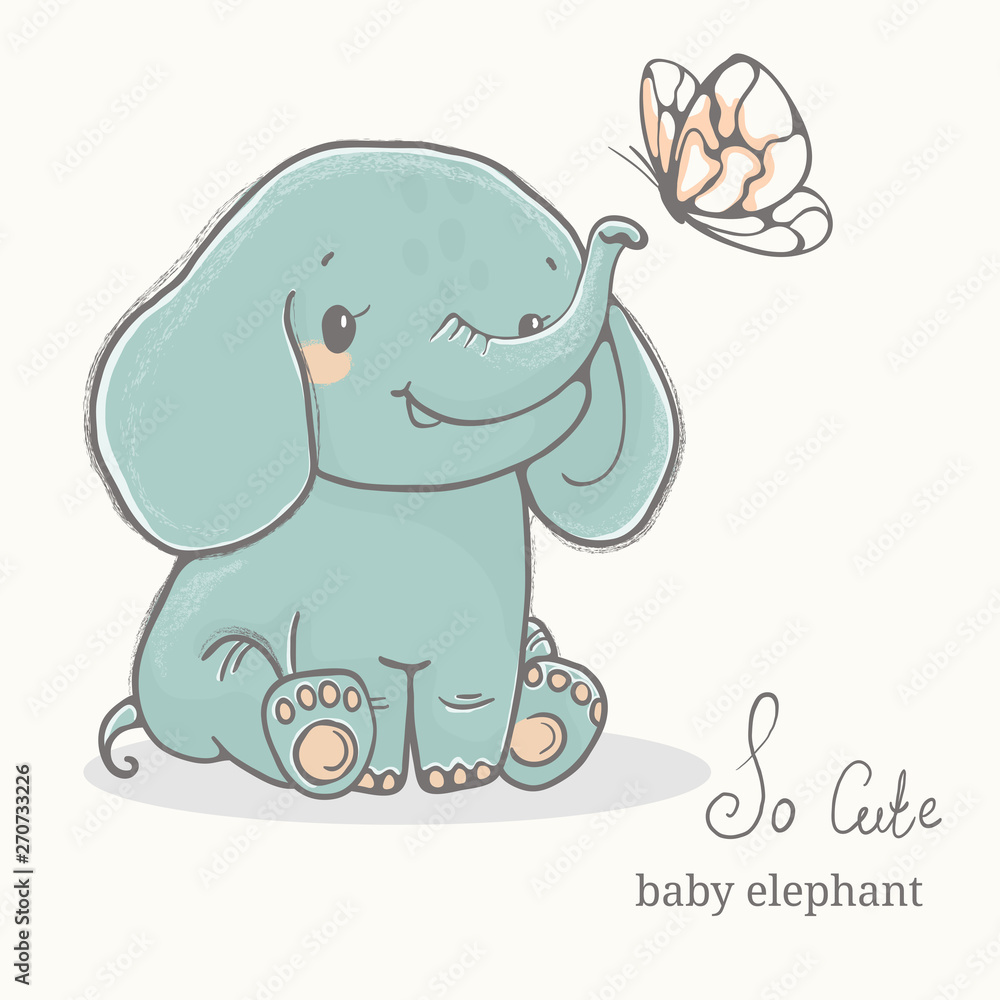 Naklejka premium Baby elephant with butterfly illustration, cute animal drawings