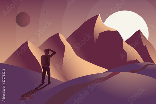 Adventure man with backpack, traveler looks at the mountains and the sunset.