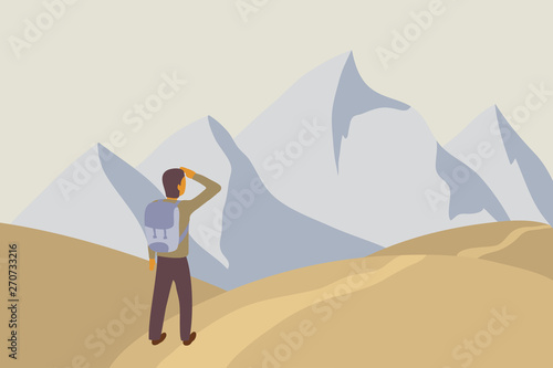 Adventure man traveler with a backpack on his shoulders looking into the distance of the road