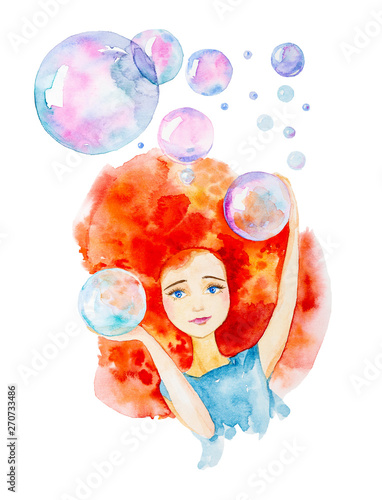 Close-up portrait of a beautiful girl in a blue dress with red hair and blue eyes.Surrounded by big soap bubbles.Catches them with his hands. Watercolor illustration isolated on white background