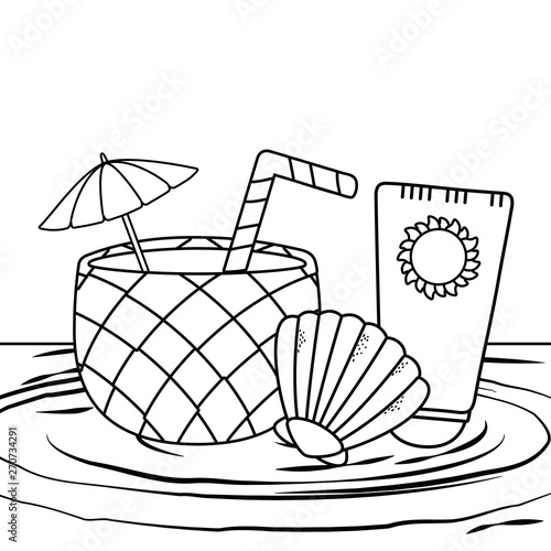 pina colada shell and sunscreen in black and white