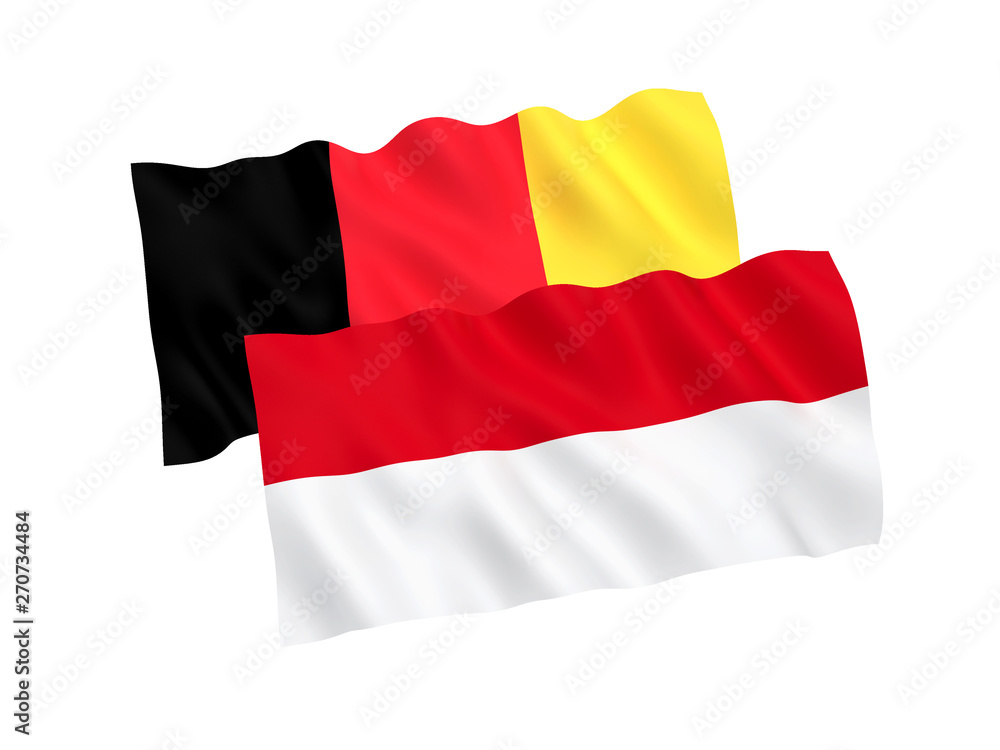 National fabric flags of Belgium and Indonesia isolated on white background. 3d rendering illustration. 1 to 2 proportion. National fabric flags of Belgium and Indonesia isolated on white background. 3d rendering illustration. 1 to 2 proportion.