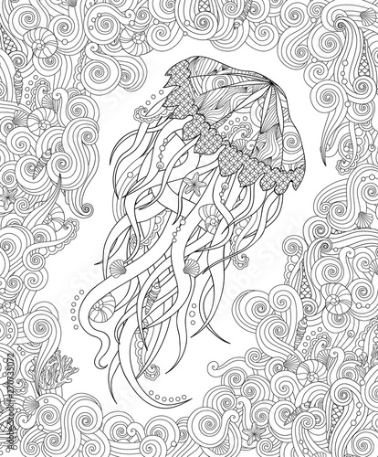 Jellyfish in zentangle inspired style on white background. Coloring book for adult and older children.