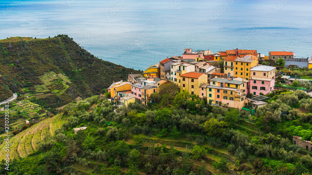 The picturesque old village of Volastra built on the green terraced hill of the Ligurian Coast, in Cinque Terre National Park, Italy.