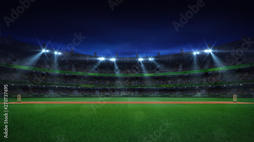 Night cricket field general side view and stadium lights on photo