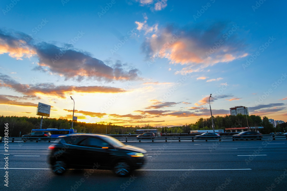 Moscow, Russia - May, 5, 2019: traffic in Moscow at sunset