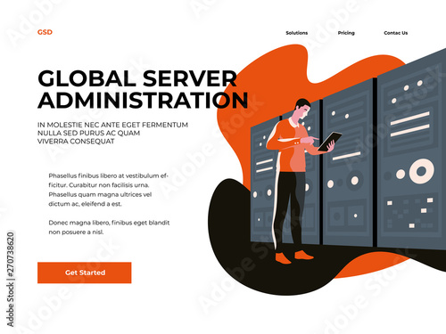Server Administrator IT Technician Works on Tablet in Server Cabinet Room in Big Data Center. Landing page concept. Landing page concept.