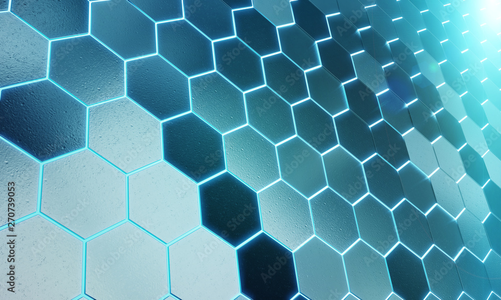 Glowing black and blue hexagons background pattern on silver metal surface 3D rendering Glowing black and blue hexagons background pattern on silver metal surface 3D rendering