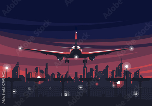 Vector illustration of a plane taking off, rear view, city silhouette background, night lights, sunset