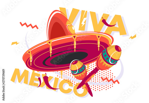 Vector illustration of Mexican sombrero, colorful vector banner, pepper maracas, viva Mexico