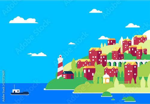 Fototapeta Naklejka Na Ścianę i Meble -  Vector illustration of a landscape with houses and a lighthouse on the beach, the silhouette of a ship, silhouettes of houses and trees against the blue sky with clouds