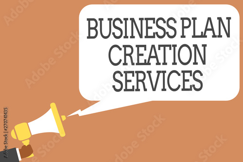 Conceptual hand writing showing Business Plan Creation Services. Business photo showcasing paying for professional to create strategy Man holding megaphone speech bubble message speaking loud © Artur