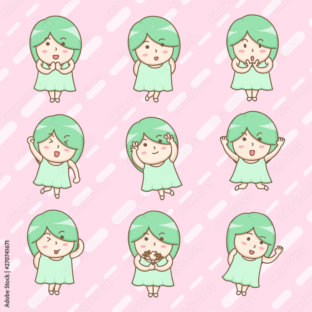 Design elements vector of cute happy little girl cartoon characters in summer dresses. Kawaii cartoon characters design. Design elements vector of cute happy little girl cartoon characters in summer dresses. Kawaii cartoon characters design.