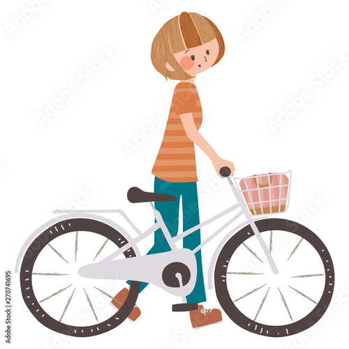 自転車を押して歩く女性	