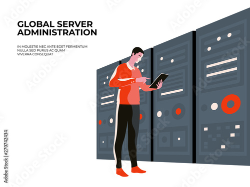 Server Administrator IT Technician Works on Tablet in Server Cabinet Room in Big Data Center. Landing page concept. Landing page concept.