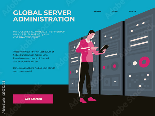 Server Administrator IT Technician Works on Tablet in Server Cabinet Room in Big Data Center. Landing page concept. Landing page concept.