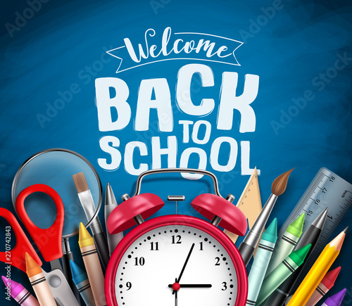 Back to school vector banner design with school items, education elements, alarm clock and welcome back to school greeting text in blue chalkboard background. Vector illustration.