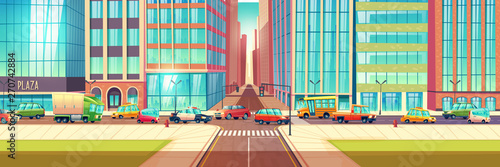 Fototapeta Naklejka Na Ścianę i Meble -  Traffic jam on city streets cartoon vector concept with lots of cars, passenger, cargo, taxi, police vehicles and bus going on road crossing near metropolis skyscrapers illustration. Urban transport